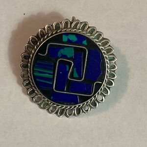 Mexico Taxco Sterling Silver, Blue and Green Mosaic Stone Brooch/Pendant